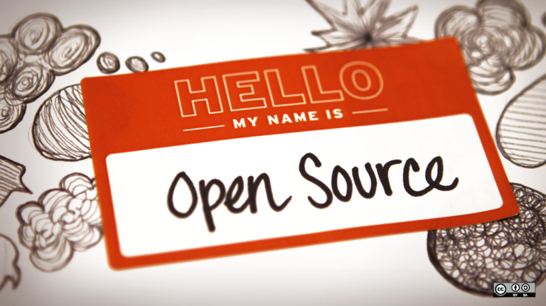 “Hello. My name is Open Source.” Created by Jessica Duensing for opensource.com. Licensed under CC BY-SA 2.0. https://www.flickr.com/photos/opensourceway/6554314981/